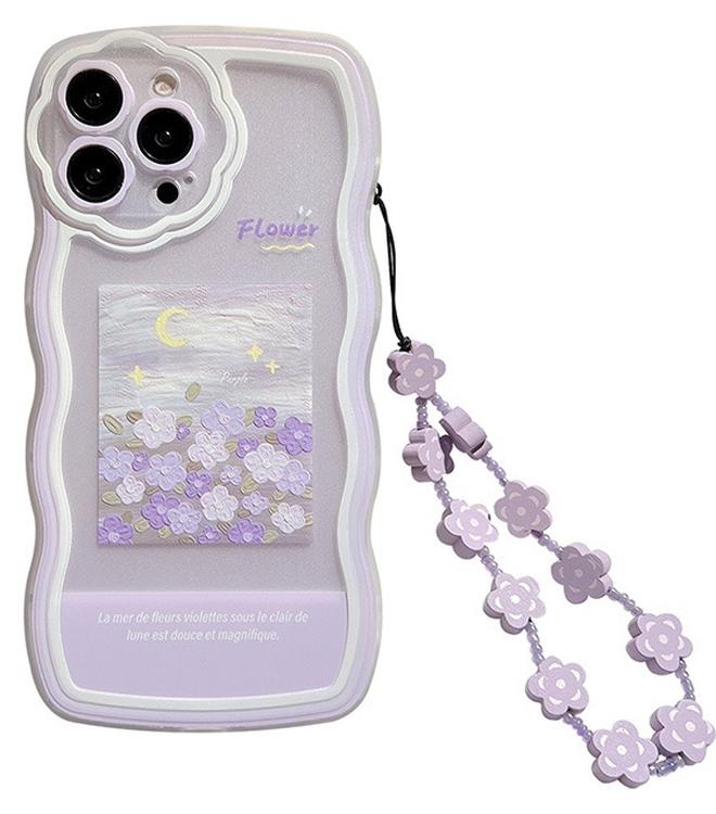 متوافق مع اي فون 14 برو ماكس الهاتف الخليوي شل الأرجواني زهرة القمر نمط السائل لينة تبو سوار المعصم الهاتف الخليوي شل للصدمات ، مناسبة للفتيات الجانب لطيف ألوان مائية سليم الهاتف - Image 1