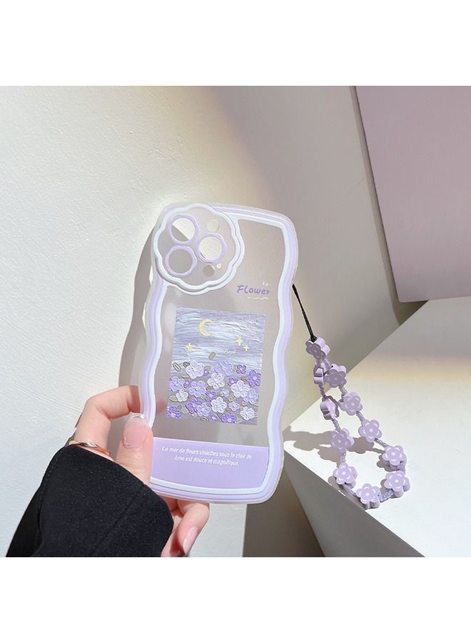 Compatible with iPhone 14 Pro Max Case Purple Flowers Moon Pattern Soft Liquid TPU Shockproof Case with Strap Wrist, for Women Girls Side Cute Watercolor Painting Slim Case With Liquid line - Image 3