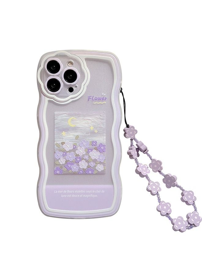 Compatible with iPhone 14 Pro Max Case Purple Flowers Moon Pattern Soft Liquid TPU Shockproof Case with Strap Wrist, for Women Girls Side Cute Watercolor Painting Slim Case With Liquid line - Image 1