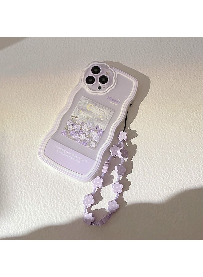 Compatible with iPhone 14 Pro Max Case Purple Flowers Moon Pattern Soft Liquid TPU Shockproof Case with Strap Wrist, for Women Girls Side Cute Watercolor Painting Slim Case With Liquid line - Image 4
