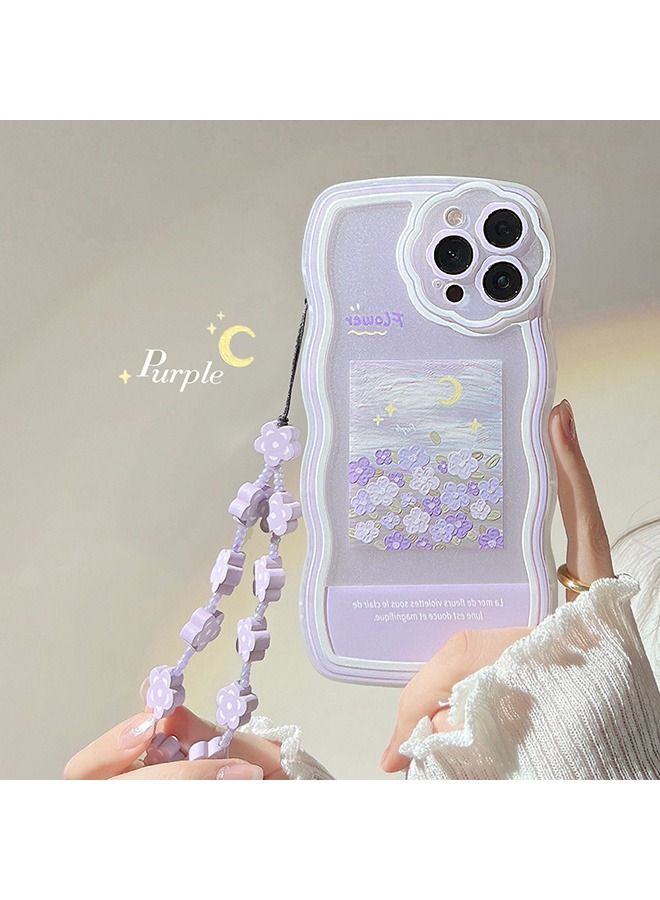 Compatible with iPhone 14 Pro Max Case Purple Flowers Moon Pattern Soft Liquid TPU Shockproof Case with Strap Wrist, for Women Girls Side Cute Watercolor Painting Slim Case With Liquid line - Image 2