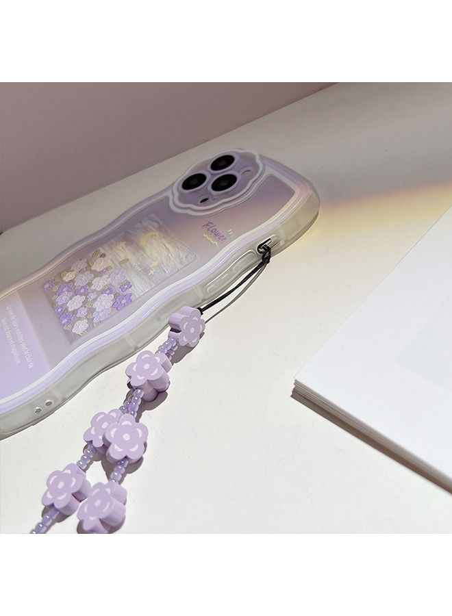 Compatible with iPhone 14 Pro Max Case Purple Flowers Moon Pattern Soft Liquid TPU Shockproof Case with Strap Wrist, for Women Girls Side Cute Watercolor Painting Slim Case With Liquid line - Image 5
