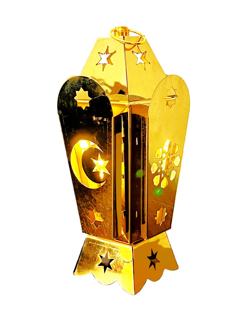 فانوس رمضان من الفولاذ المقاوم للصدأ باللون الذهبي الفاخر مع إضاءة LED، تصميم عصري بنمط مثقوب رائع لديكور رمضان - Image 2