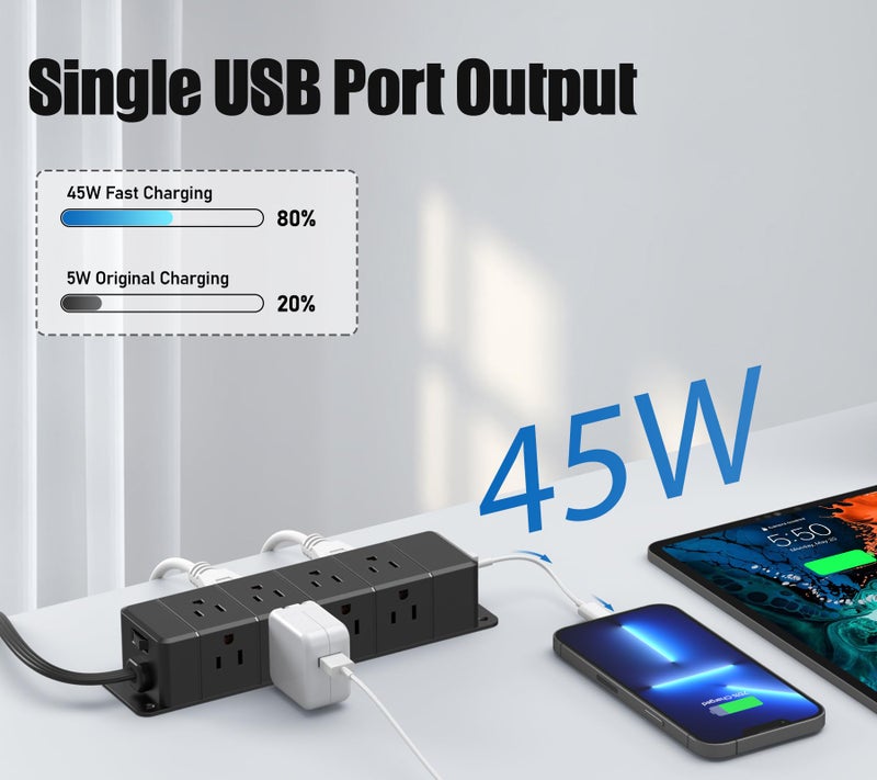 ANNQUAN 45W USB-C Fast Charging Under Desk Power Strip,12 Outlet Mountable Power Strip with 4 USB,1200J Surge Protection,6FT Flat Extension Cord Black - Image 2