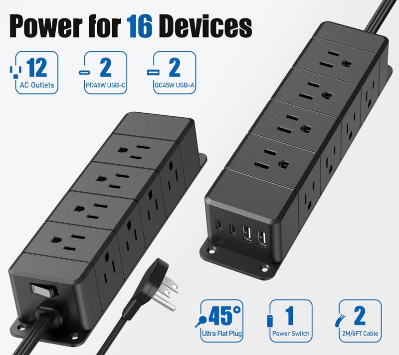 ANNQUAN 45W USB-C Fast Charging Under Desk Power Strip,12 Outlet Mountable Power Strip with 4 USB,1200J Surge Protection,6FT Flat Extension Cord Black - Image 3
