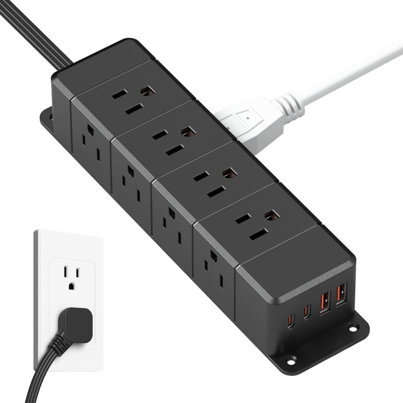 ANNQUAN 45W USB-C Fast Charging Under Desk Power Strip,12 Outlet Mountable Power Strip with 4 USB,1200J Surge Protection,6FT Flat Extension Cord Black - Image 1