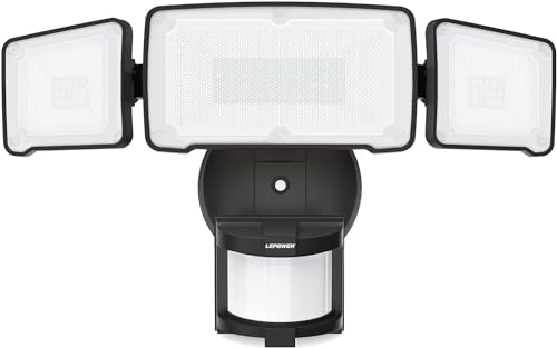LEPOWER LED Motion Sensor Security Lights, 3 Head Motion Detected, 38W, 4200LM, Waterproof IP65, 5500K, Full Metal for Outdoor, Garage, Porch, Yard (Black) - Image 1