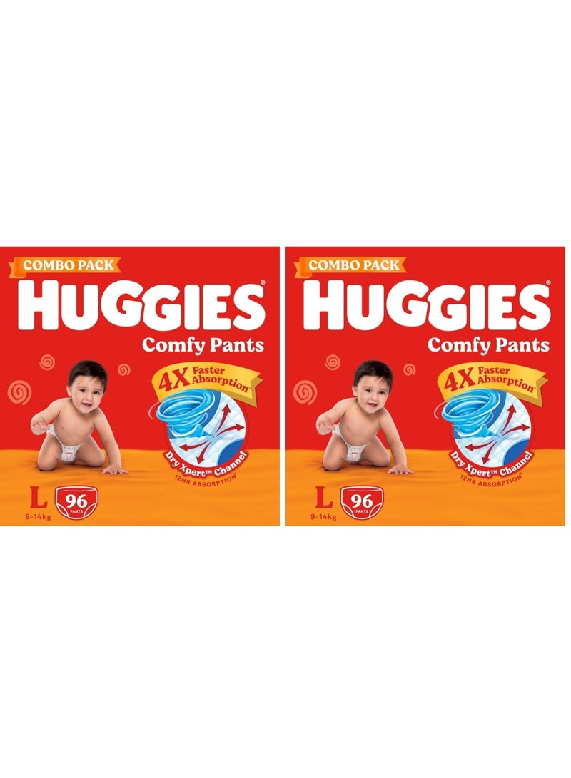 Huggies Comfy Pants Baby Diaper, Large (L) Size (9-14 Kgs), Pack of 192 (96 count, Pack of 2) - Image 1