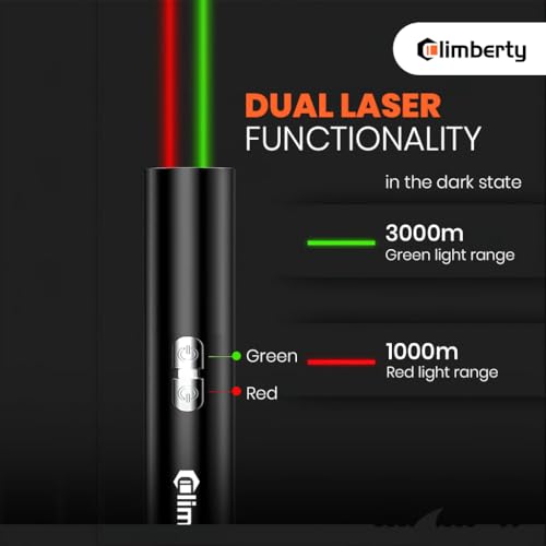 Climberty® USB-C Rechargeable Dual-Color Laser Pointer with Green 3000m Range & Red 1000m Range, Aluminum Laser Light Pen for Presentation, Teaching, Pet Play - Image 3