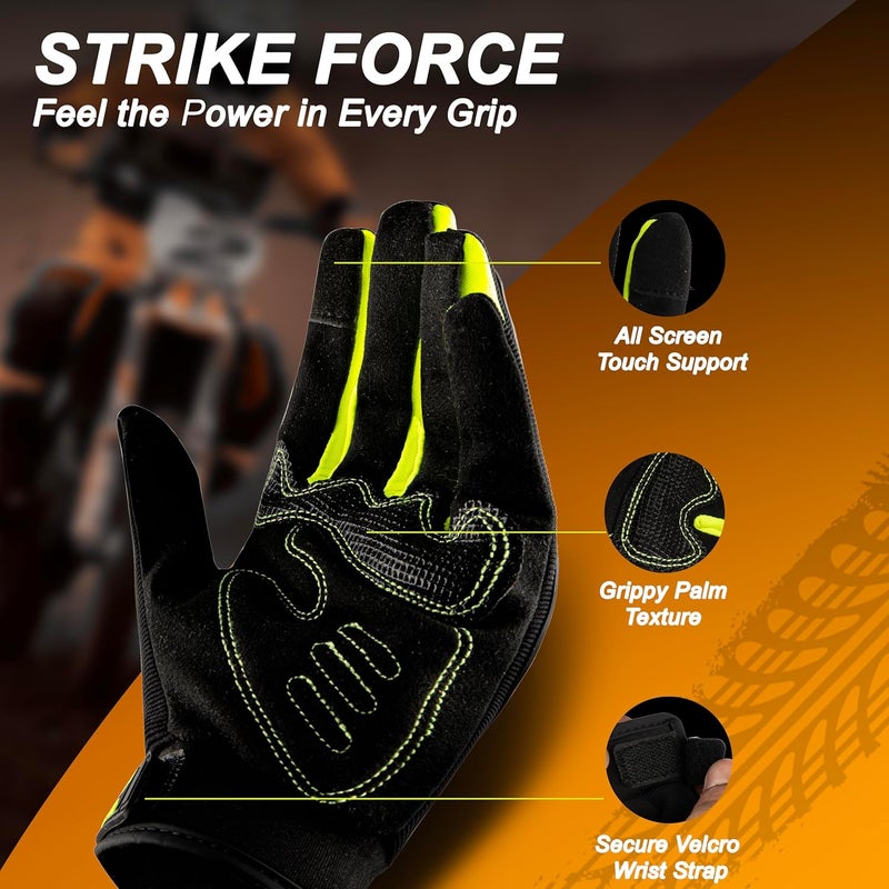 BADOWL RYDON Knuckle Protection Riding Gloves | Anti-Slip Grip & Touchscreen Sports Gloves | Durable, Breathable, All-Weather Design (NEON Green, M) - Image 3