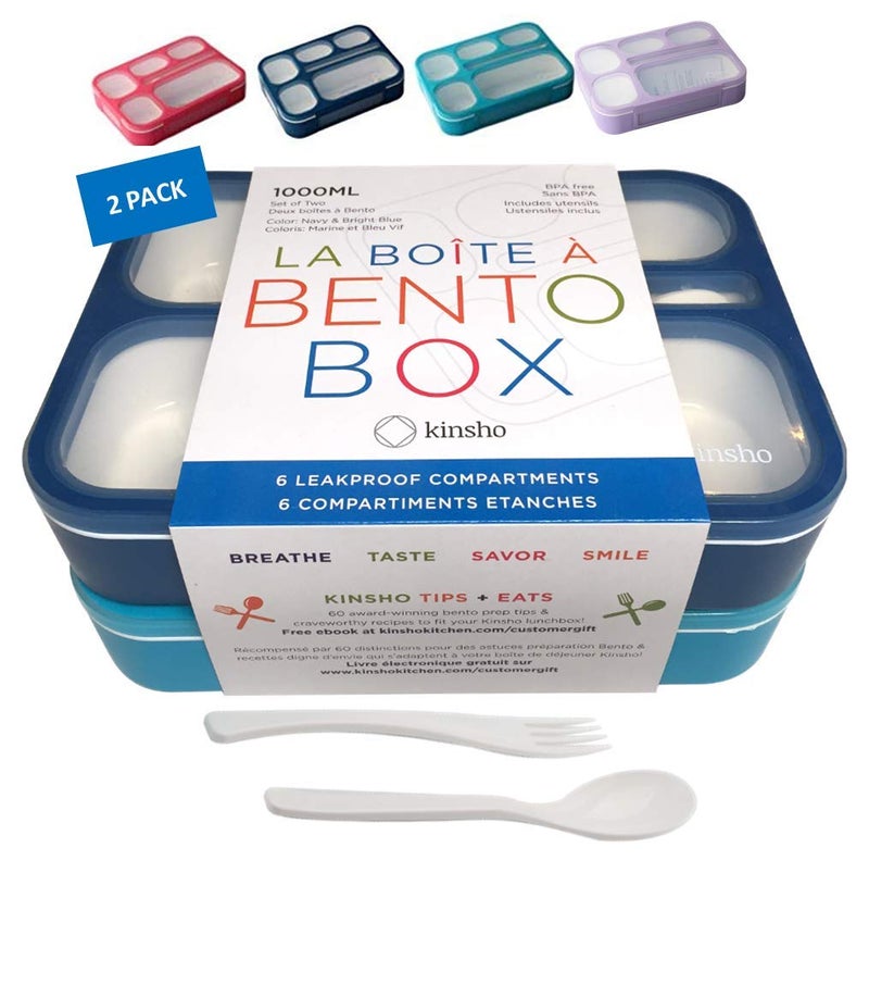 BentoBox Lunch Boxes for Kids Boys Adults Leakproof Lunch Set Bentoboxes for School or Work Portion Containers BPA Free 6 Compartments Fork  Spoon Blue  Navy Blue Large