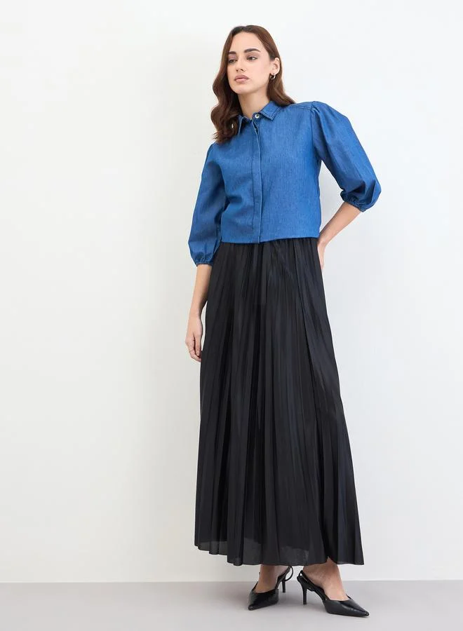 Styli Solid Denim Shirt with Balloon Sleeves