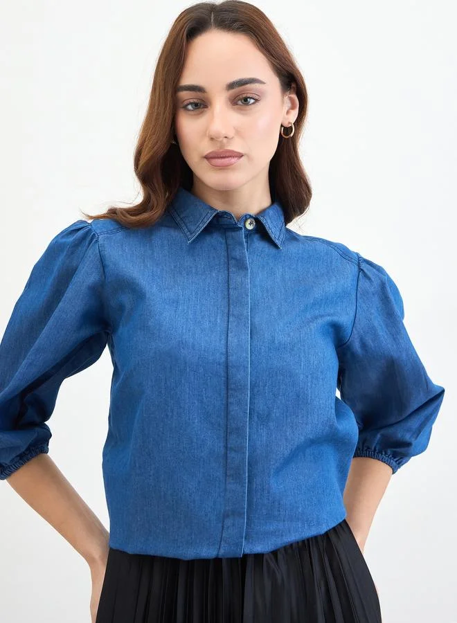 Styli Solid Denim Shirt with Balloon Sleeves