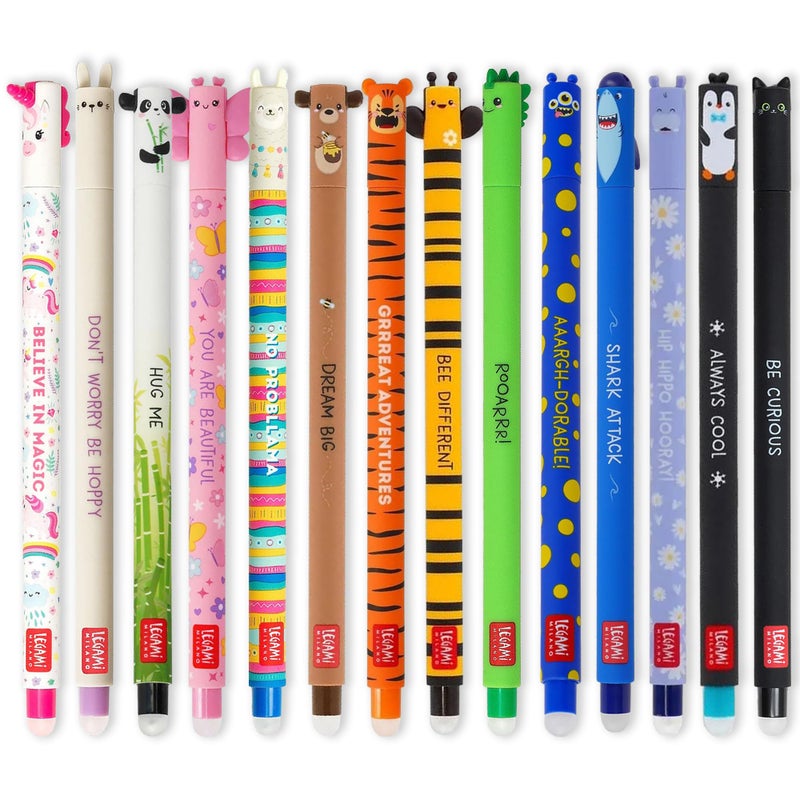 LEGAMI Set of 14 Erasable Gel Pens with Thermosensitive Erase Ink Range of ink colours barrel designs 07mm Tip Animal Designs - Image 2
