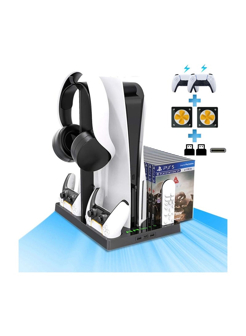Vertical Stand for Gaming Console with Dual Cooling Fans, Controller Charging Dock, Game Storage, Headset and Remote Holder – Compatible with Digital & Disc Versions - Image 1