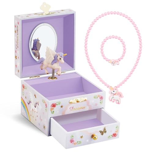 RR ROUND RICH DESIGN Kids Musical Jewelry Box for Girls with Drawer and Jewelry Set with Brave Unicorn Beautiful Dream Tune Purple - Image 1
