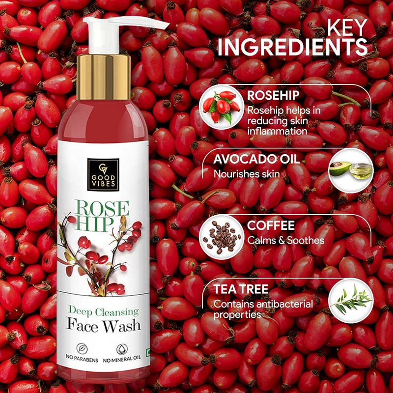 Good Vibes Rosehip Deep Cleansing Face Wash 120 ml Naturally Controls Excess Sebum Acne Moisturizing Skin Softening Formula for All Skin Types No Parabens Mineral Oil - Image 4