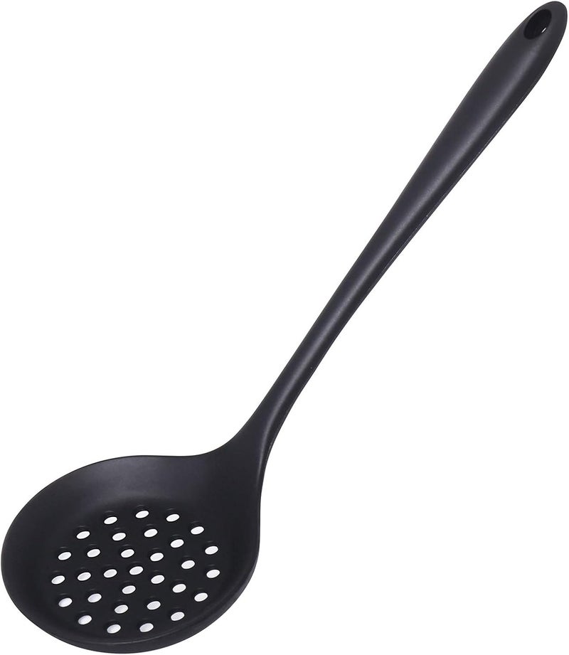 77L Slotted Spoon, Heatproof Skimmer Strainer Slotted Spoon, Seamless One-Piece Non-Stick Cooking Silicone Scoop Ladle with Ergonomic Handle for Filter Vegetable, Pasta and More (Black) - Image 1
