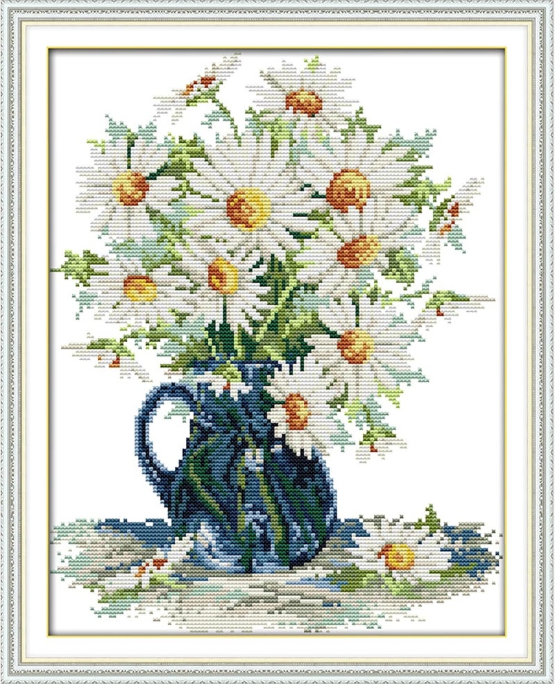 ITSTITCH Stamped Cross Stitch Kits for Beginners Full Range of Cross Stitching Preprinted Pattern for Kids or Adults, Embroidery Needlepoint Starter Kits-Daisy vase, 15x18 inch - Image 1