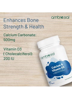 ambrosial Ambrosial Calcium & Vitamin D Tablets | High Potency Calcium Supplement for Bone Health, Muscles & Teeth | High Strength Calcium Tablets (Pack of 1-60 Softgels)  - Image 2