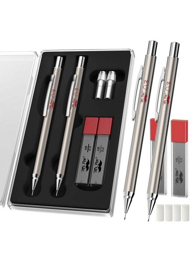 مستر. بين أقلام رصاص ميكانيكية فضية معدنية، 0.3 مم، عبوة من قطعتين، مثالية للرسم الفني والفني - Image 1