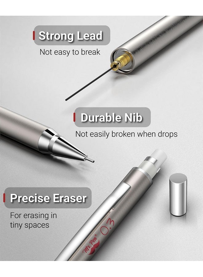 مستر. بين أقلام رصاص ميكانيكية فضية معدنية، 0.3 مم، عبوة من قطعتين، مثالية للرسم الفني والفني - Image 3