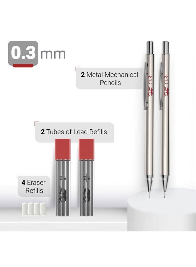 مستر. بين أقلام رصاص ميكانيكية فضية معدنية، 0.3 مم، عبوة من قطعتين، مثالية للرسم الفني والفني - Image 2