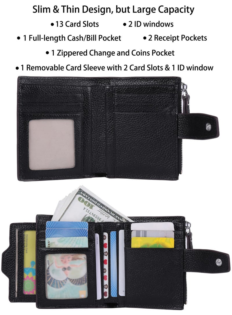 AINIMOER Women's RFID Blocking Leather Small Compact Bi-fold Zipper Pocket Wallet Card Case Purse with id Window (Lichee Black) - Image 2