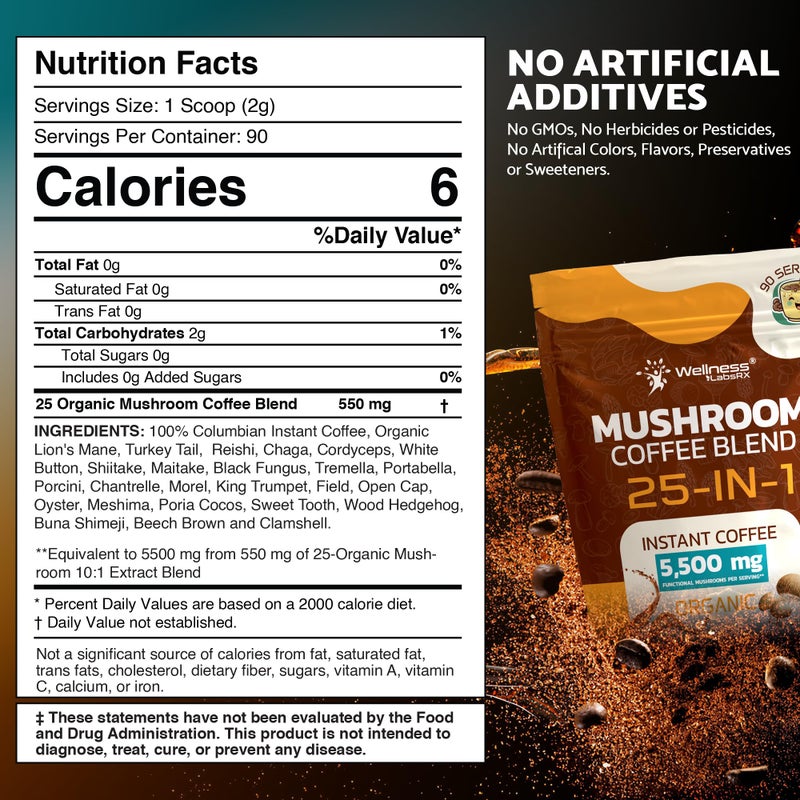 WELLNESS LABSRX Mushroom Coffee Organic Instant Coffee, 25-in-1, Third-Party Tested Keto Friendly Lions Mane Supplement with Functional Mushrooms - Shiitake, Reishi, Lion’s Mane & More | Smooth, Rich Flavor - 90 Servings - Image 2