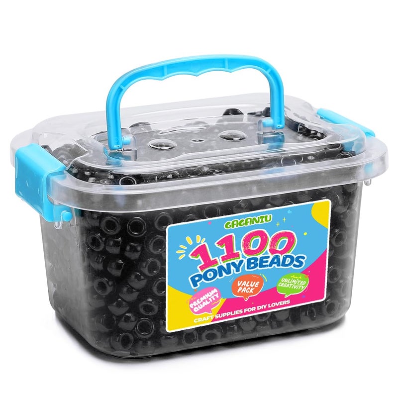 GAGANIU Pony Beads 1100 Pcs Black Plastic Kandi Beads in Jar for Bracelets Hair Braids Jewelry Making DIY Crafts