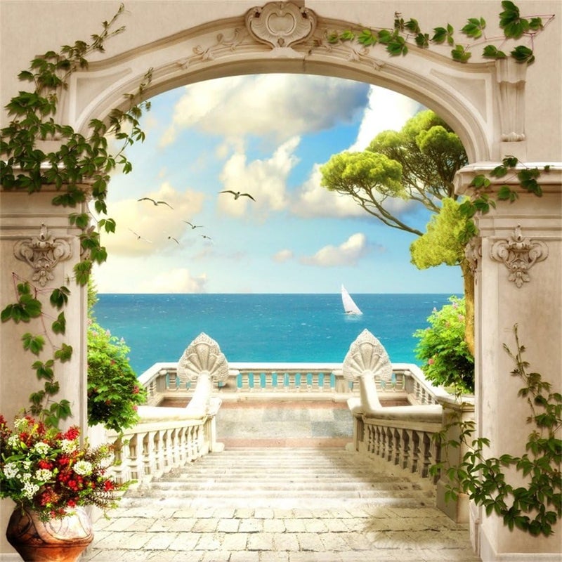 Laeacco Italy Scenery Fresco Backdrop 10x10ft Vinyl Photography Background European Viewing Platform Arch Door Stairway Towards The Sea Beautiful Landscape Scenic Indoor Decors Wallpaper Wedding Shoot - Image 1