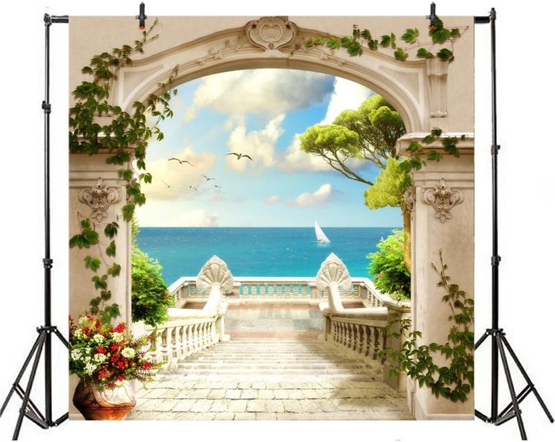 Laeacco Italy Scenery Fresco Backdrop 10x10ft Vinyl Photography Background European Viewing Platform Arch Door Stairway Towards The Sea Beautiful Landscape Scenic Indoor Decors Wallpaper Wedding Shoot - Image 4