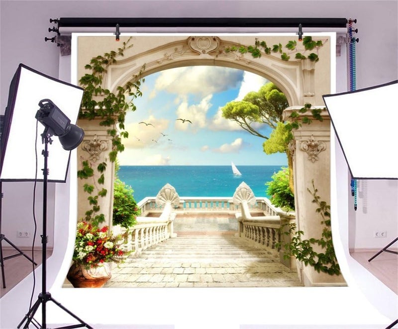 Laeacco Italy Scenery Fresco Backdrop 10x10ft Vinyl Photography Background European Viewing Platform Arch Door Stairway Towards The Sea Beautiful Landscape Scenic Indoor Decors Wallpaper Wedding Shoot - Image 3