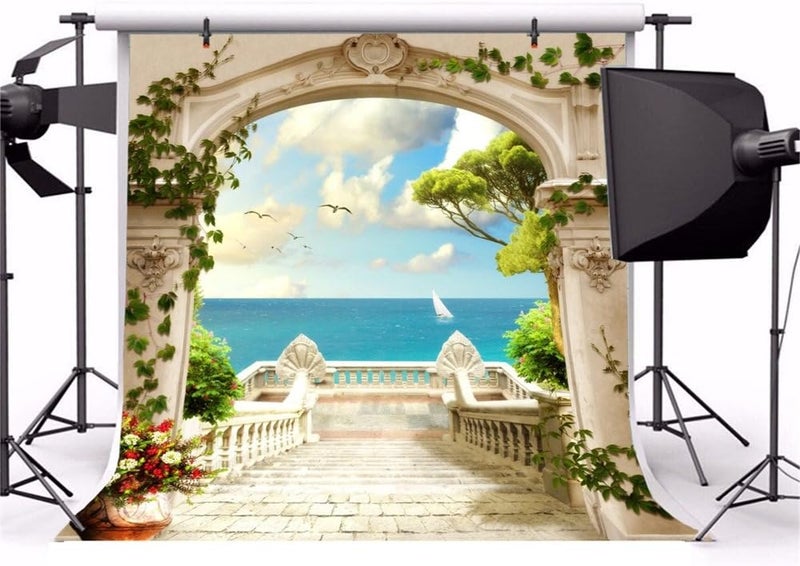Laeacco Italy Scenery Fresco Backdrop 10x10ft Vinyl Photography Background European Viewing Platform Arch Door Stairway Towards The Sea Beautiful Landscape Scenic Indoor Decors Wallpaper Wedding Shoot - Image 2