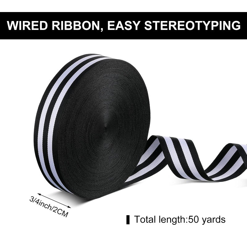 Chuangdi 50 Yards Striped Ribbon Grosgrain Fabric Ribbon Red White and Black Candy Cane Craft Wrapping Ribbons Roll for Wraps Embellishments Christmas Party Decoration(3/4 Inch,Black and White) - Image 2