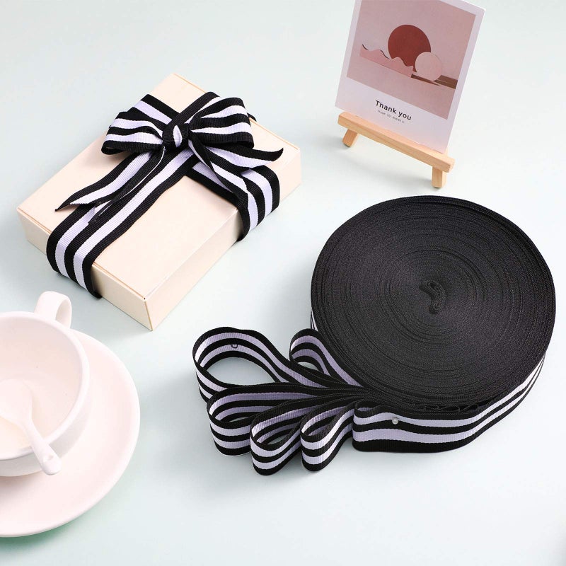 Chuangdi 50 Yards Striped Ribbon Grosgrain Fabric Ribbon Red White and Black Candy Cane Craft Wrapping Ribbons Roll for Wraps Embellishments Christmas Party Decoration(3/4 Inch,Black and White) - Image 4