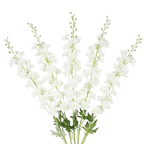 INSUNSIX Ivory Flowers 3386 Delphinium Artificial Flwoers Cream White Fake Flowers 5PCS Long Stem Snapdragon Flowers for Tall Vase for Wedding Centerpieces Home Party Decor Cream White - Image 1