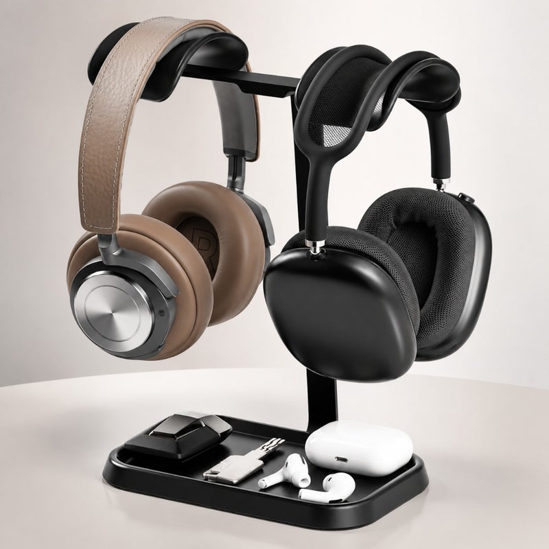 Gaming desk headphone stand with dual head support, metal and plastic construction, black color, heavy weighted base and integrated storage tray - Image 1