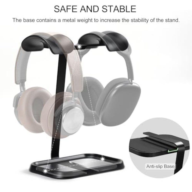 Gaming desk headphone stand with dual head support, metal and plastic construction, black color, heavy weighted base and integrated storage tray - Image 3