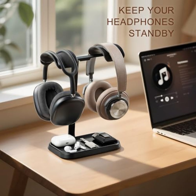 Gaming desk headphone stand with dual head support, metal and plastic construction, black color, heavy weighted base and integrated storage tray - Image 2
