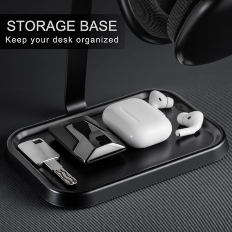Gaming desk headphone stand with dual head support, metal and plastic construction, black color, heavy weighted base and integrated storage tray - Image 5