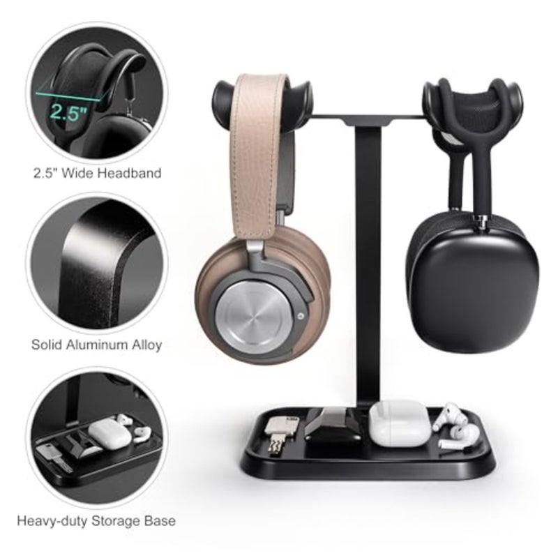 Gaming desk headphone stand with dual head support, metal and plastic construction, black color, heavy weighted base and integrated storage tray - Image 4