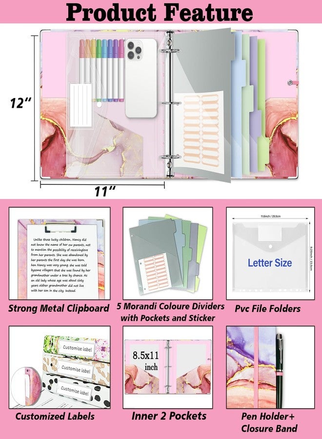 BVSSX 3 Ring Binder 2 Inch, Three Ring Binder Organizer with Clipboard, 5-Tabs Pockets Dividers, Plastic Folder, 18 Divider Stikers, Pink Decorative Binder with Pen Loop (Pink Marble, Letter Size) - Image 2