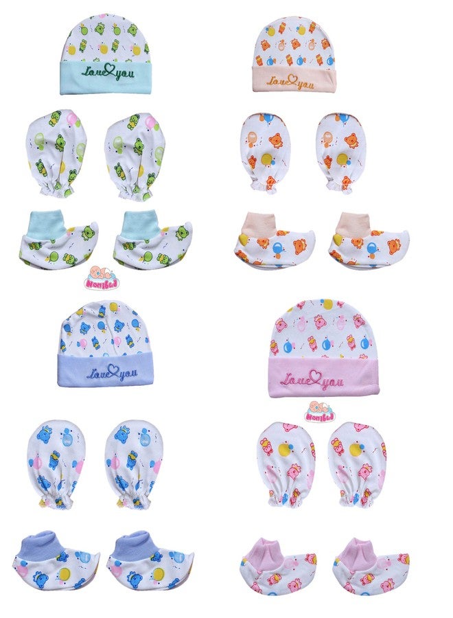 Nonibud New-Born Baby Cap and Mittens Booties Combo Set (White, Multicolour, 0-3 Months) -Pack of 4 Sets, Multicolor - Image 1