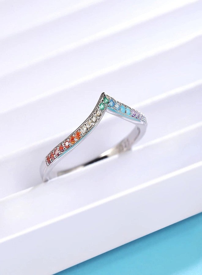 Qings 925 Sterling Silver Chevron Ring, Colorful CZ V Shape Stackable Ring Rainbow Eternity Rings Wedding Ring Engagement Ring for Women - Image 2