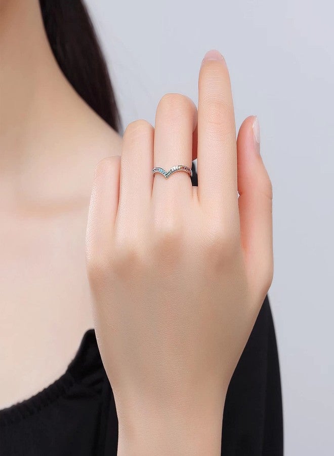 Qings 925 Sterling Silver Chevron Ring, Colorful CZ V Shape Stackable Ring Rainbow Eternity Rings Wedding Ring Engagement Ring for Women - Image 5