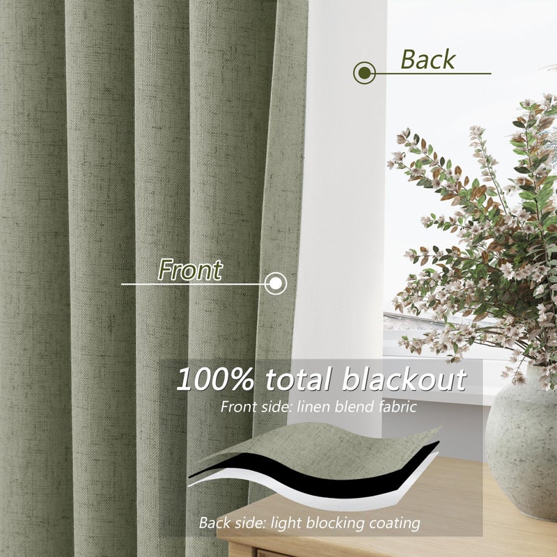 Guken Sage Green 100% Blackout Linen Curtains 84 Inch Length 2 Panels Set for Living Room Bedroom Back Tab Thermal Insulated Black Out Drapes Room Darkening Farmhouse Style for Bedroom Window Curtains - Image 4