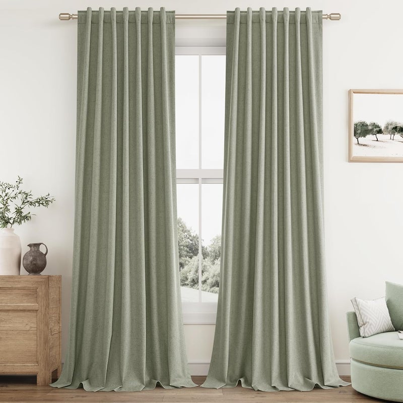 Guken Sage Green 100% Blackout Linen Curtains 84 Inch Length 2 Panels Set for Living Room Bedroom Back Tab Thermal Insulated Black Out Drapes Room Darkening Farmhouse Style for Bedroom Window Curtains - Image 1