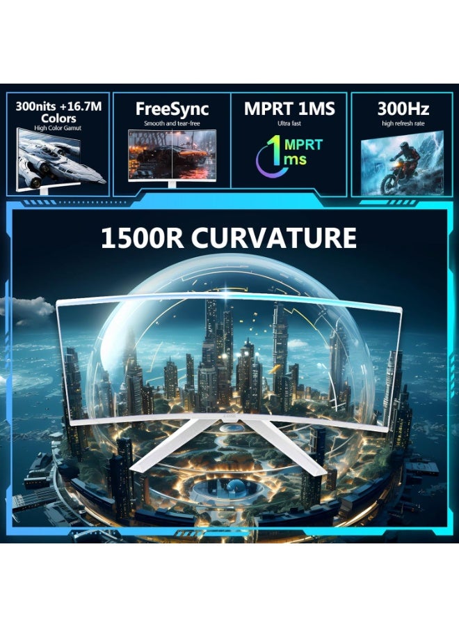 Z-EDGE 27 inch Curved Gaming Monitor 300Hz, 1ms 16:9 FHD 1080P Frameless 1500R Curved Monitor, UG27S White, Freesync Eye Care, 2×Display Port, 2×HDMI - Image 5
