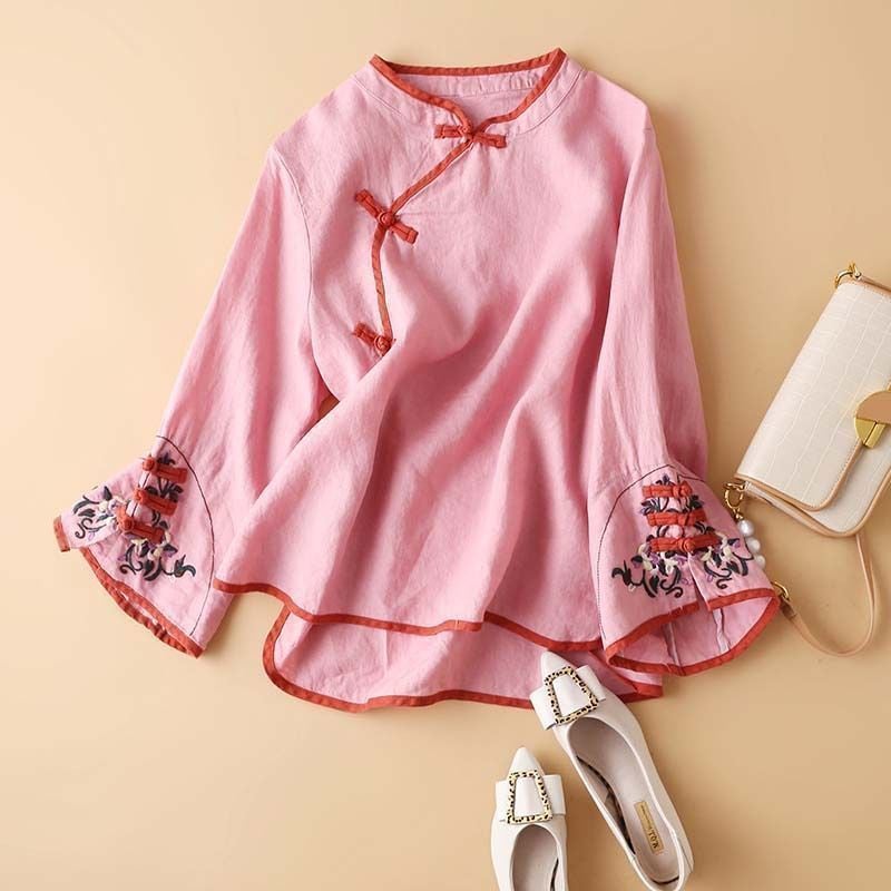 Spring and Autumn Womens 2024 New Chinese Style National Fashion Womens Slant Placket Button Top Artistic Embroidered Loose Blouse J215 Pink - Image 1